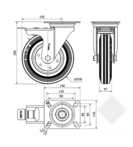CASTER RUBBER 200MM SWIVEL WITH BRAKE