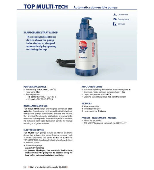 SUBMERSIBLE PRESSURE PUMP TOP MULTI-TECH 4 PEDROLLO