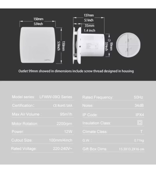 EXTRACTOR FAN 100MM BRUSHED FINISH LFWW-09Q-4S
