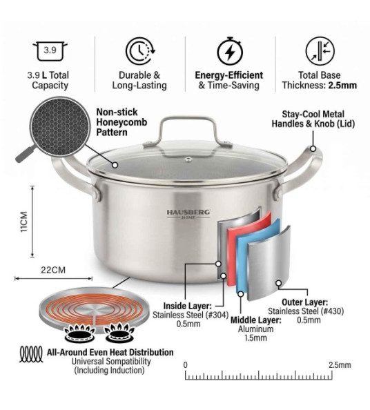 HAUSBERG S/S HONEYCOMB POT 22CM 3.9L