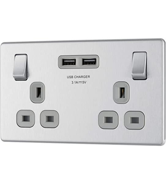 SOCKET 13A 2G+2USB BRUSHED STEEL
