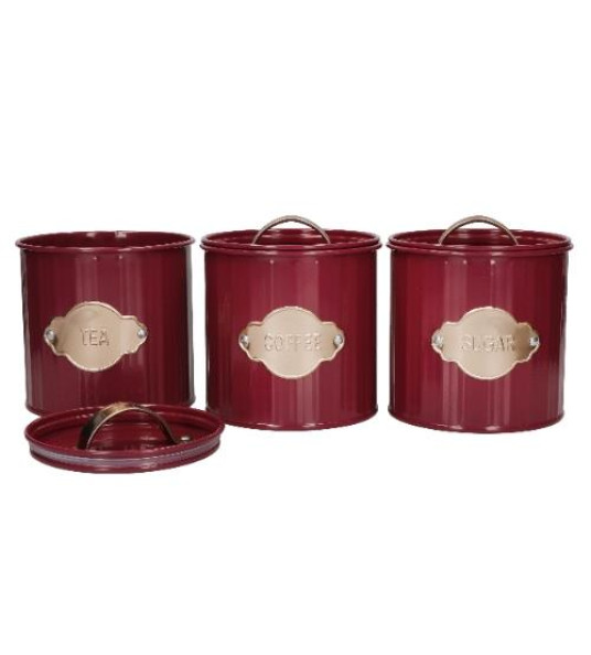 TEA  COFFEE & SUGAR CANISTERS BURGUNDY