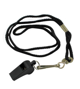 BLACK PLASTIC WHISTLE WITH LANYARD