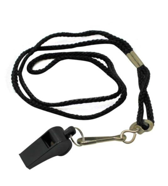 BLACK PLASTIC WHISTLE WITH LANYARD
